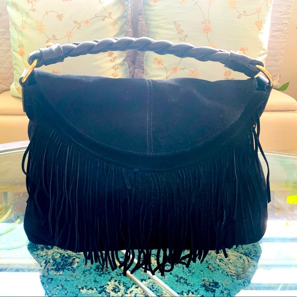 ✨ C. Z. Falconer✨ Black Suede Tassel Handbag W/Braided Leather Handle - Picture 1 of 15
